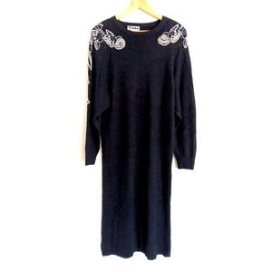 VTG Angora Sweater Dress Large Black Sexy Pearl Shoulder Pads Mob Wife Midi 80's